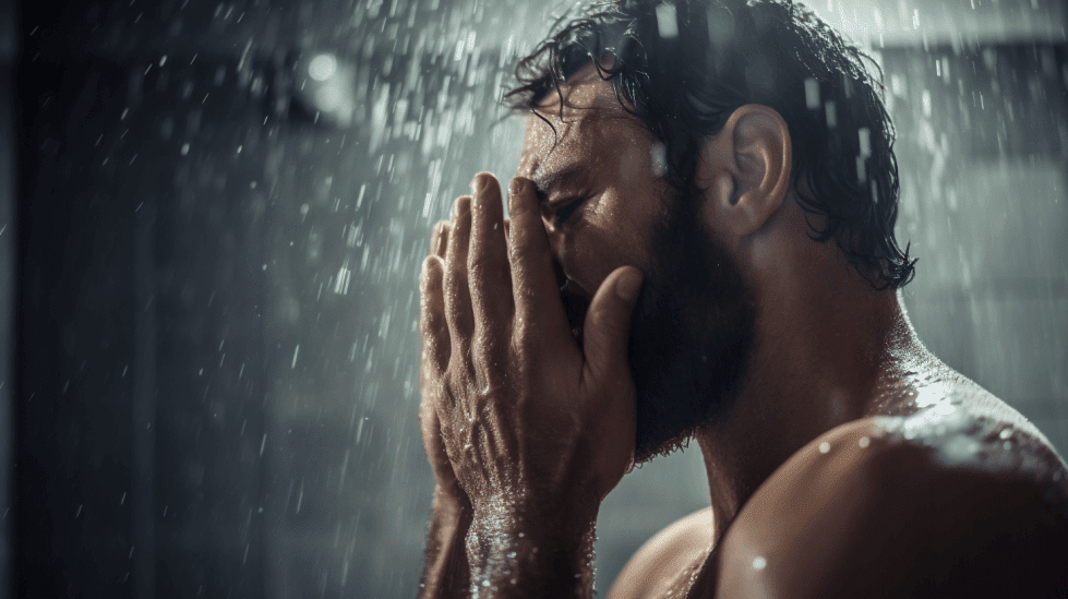 Man washing his beard in the shower