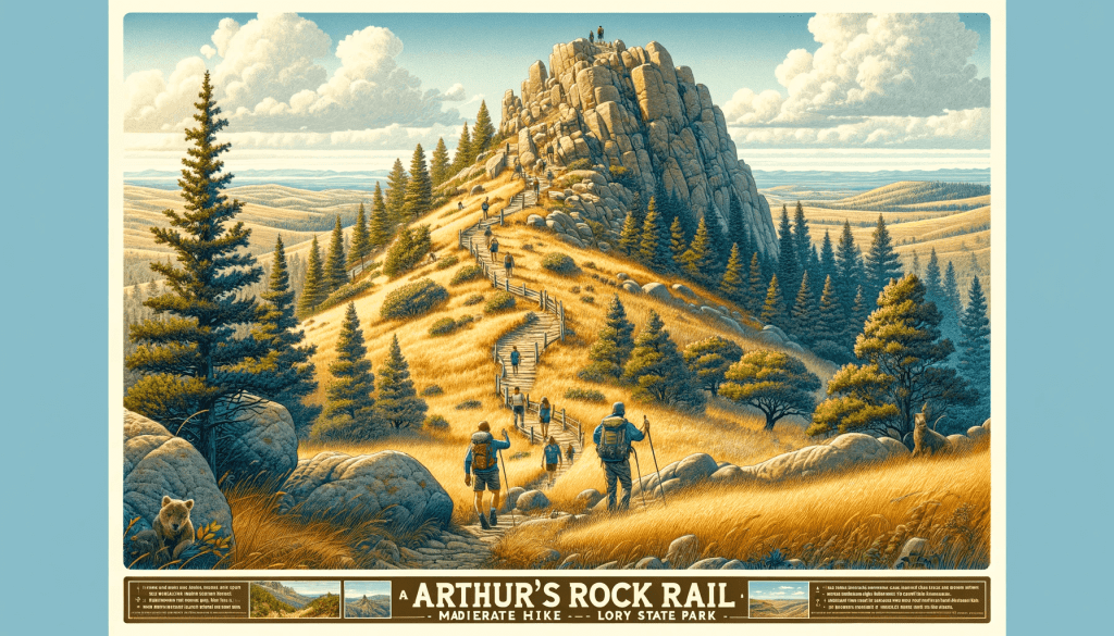 Hikers ascending Arthur's Rock Trail in Lory State Park, surrounded by oak woodlands and meadows.