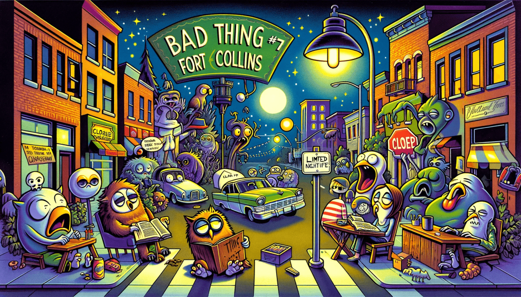 Colorful illustration of Fort Collins' limited nightlife and seeking amusement