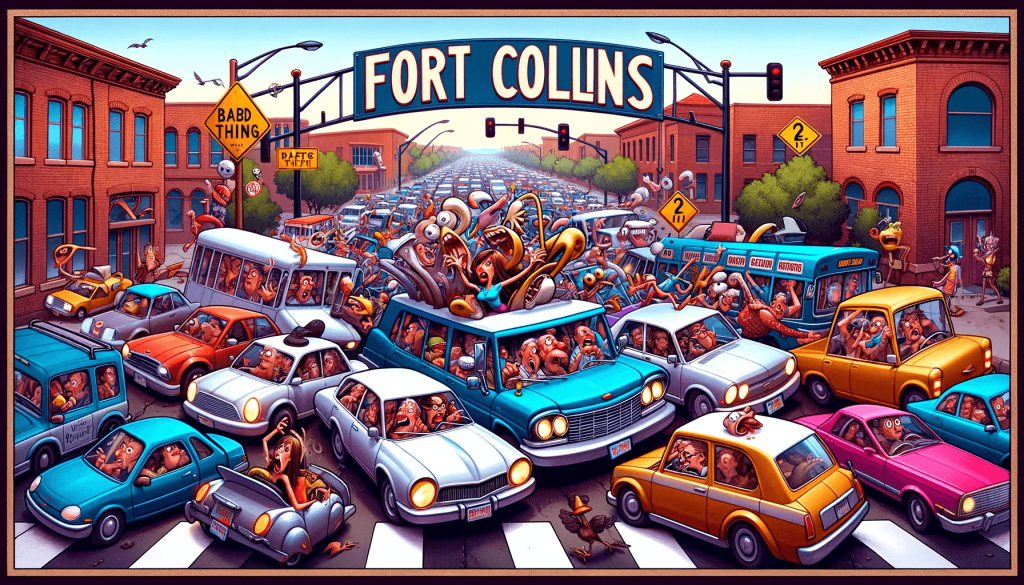 Whimsical illustration of a traffic dance-off during Fort Collins congestion