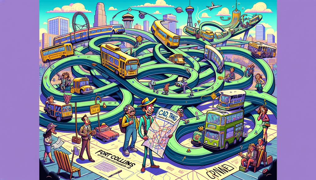 Vibrant and playful scene showing the challenges of navigating Fort Collins' transit system