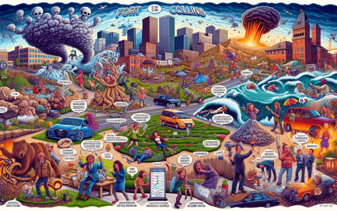 Colorful and exaggerated depiction of Fort Collins' top ten city challenges.